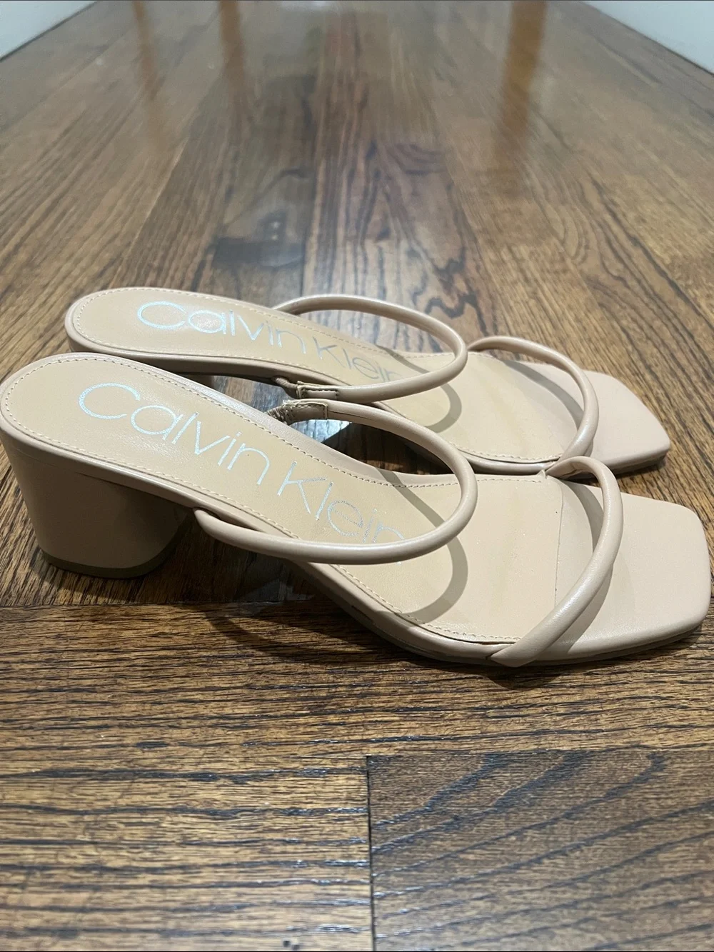 Calvin Klein Women's Beige Minimalist Double-Strap Square-Toe Heels